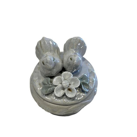 Vintage Trinket Jewelry Box Ceramic Birds and Flowers Iridescent Finish - Picture 2 of 6